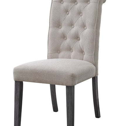 Set of Two Tufted Beige and Gray Upholstered Linen And Solid Wood Dining Side Chairs