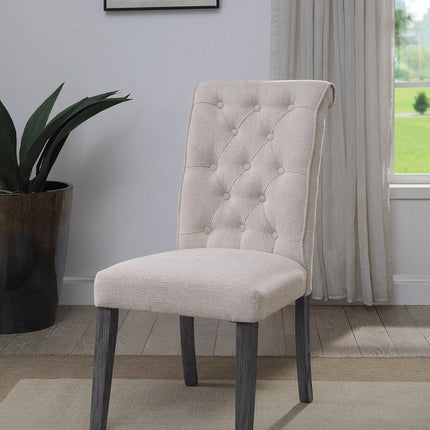 Set of Two Tufted Beige and Gray Upholstered Linen And Solid Wood Dining Side Chairs