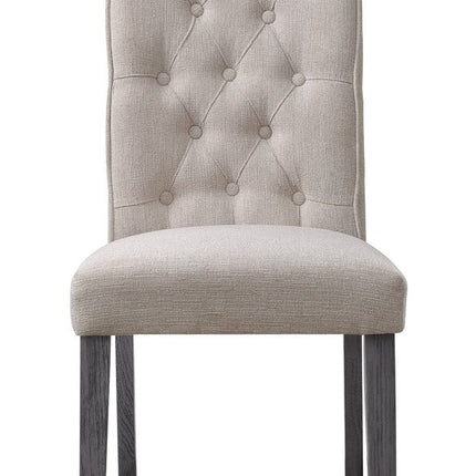 Set of Two Tufted Beige and Gray Upholstered Linen And Solid Wood Dining Side Chairs