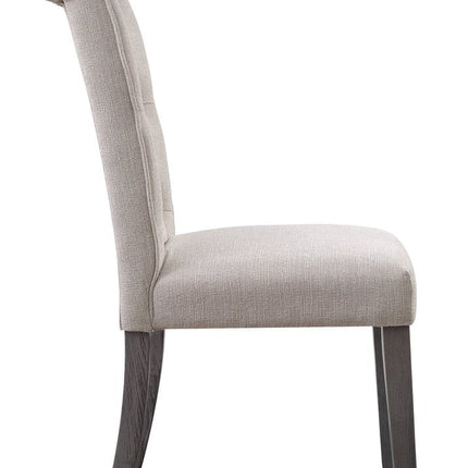Set of Two Tufted Beige and Gray Upholstered Linen And Solid Wood Dining Side Chairs