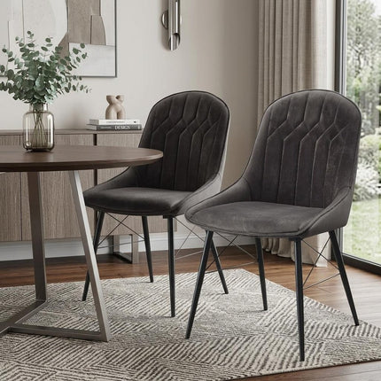 Set of Two Gray and Black Tufted Fabric Dining Side Chairs
