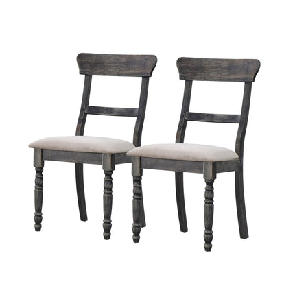 Set of Two Light Brown and Gray Linen Slat Back Dining Side Chairs