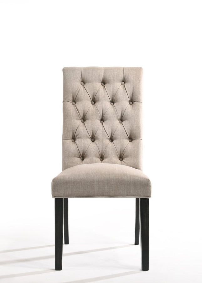 Set of Two Tan and Black Tufted Linen Open Back Dining Side Chairs