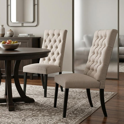 Set of Two Tan and Black Tufted Linen Open Back Dining Side Chairs