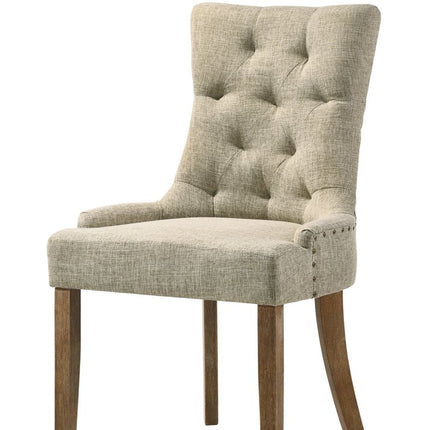 Set of Two Beige and Oak Tufted Fabric Dining Side Chairs