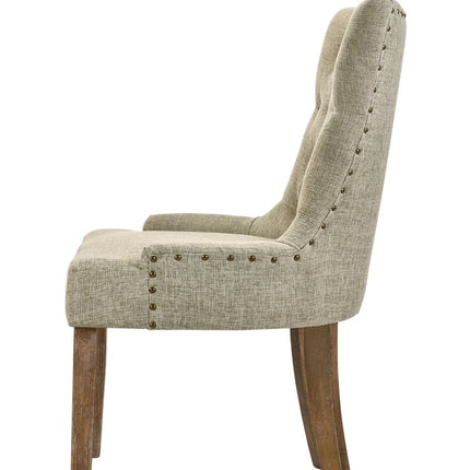 Set of Two Beige and Oak Tufted Fabric Dining Side Chairs