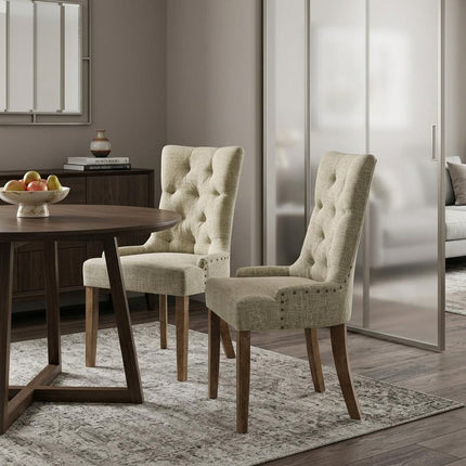 Set of Two Beige and Oak Tufted Fabric Dining Side Chairs