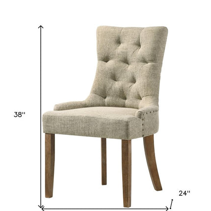 Set of Two Beige and Oak Tufted Fabric Dining Side Chairs