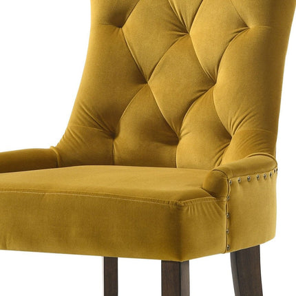 Set of Two Tufted Yellow and Espresso Upholstered Velvet And Solid Wood Dining Side Chairs