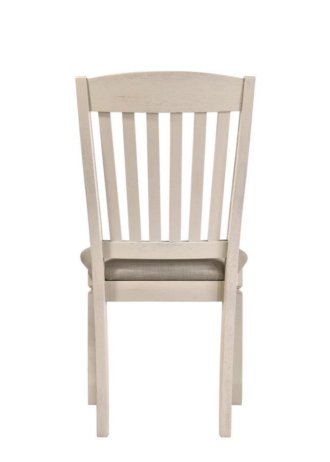 Set of Two Tan and Cream Fabric Slat Back Dining Side Chairs