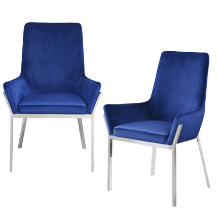 Set of Two Blue and Silver Velvet Dining Side Chairs
