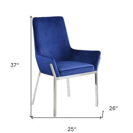 Set of Two Blue and Silver Velvet Dining Side Chairs