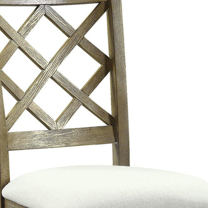Set of Two Beige and Oak Linen Cross Back Dining Side Chairs
