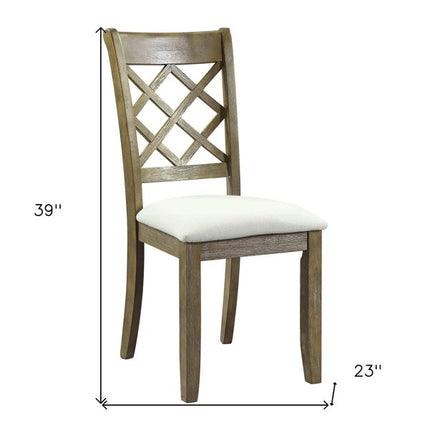 Set of Two Beige and Oak Linen Cross Back Dining Side Chairs