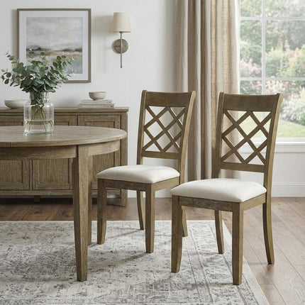 Set of Two Beige and Oak Linen Cross Back Dining Side Chairs
