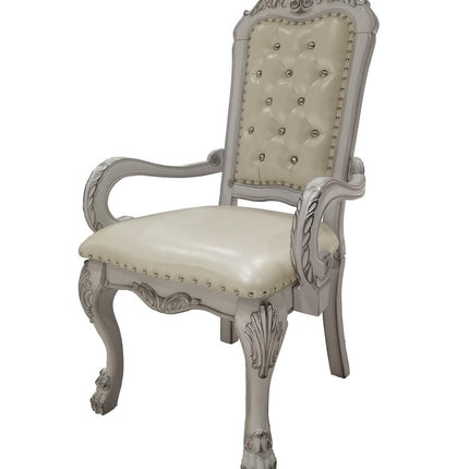 Set of Two Tufted White Upholstered Faux Leather And Wood Dining Arm Chairs