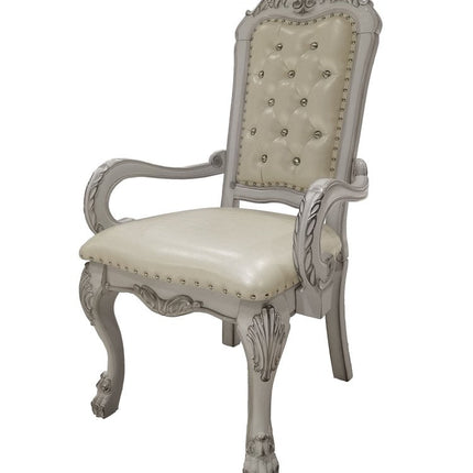 Set of Two Tufted White Upholstered Faux Leather And Wood Dining Arm Chairs