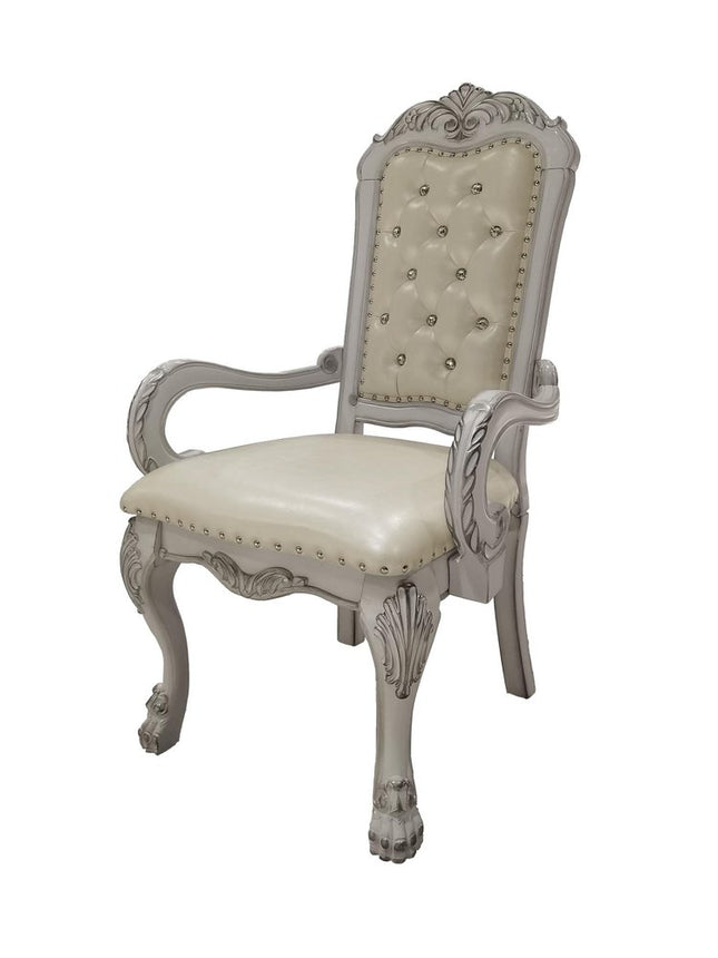 Set of Two Tufted White Upholstered Faux Leather And Wood Dining Arm Chairs
