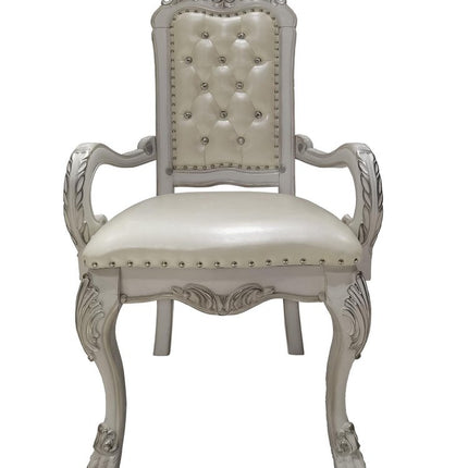 Set of Two Tufted White Upholstered Faux Leather And Wood Dining Arm Chairs