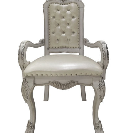 Set of Two Tufted White Upholstered Faux Leather And Wood Dining Arm Chairs