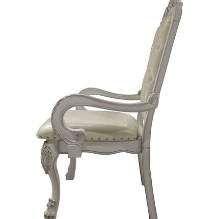 Set of Two Tufted White Upholstered Faux Leather And Wood Dining Arm Chairs