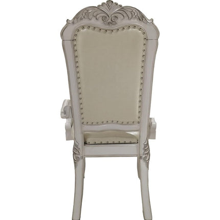Set of Two Tufted White Upholstered Faux Leather And Wood Dining Arm Chairs