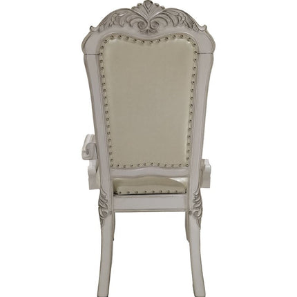 Set of Two Tufted White Upholstered Faux Leather And Wood Dining Arm Chairs
