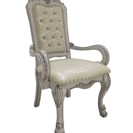 Set of Two Tufted White Upholstered Faux Leather And Wood Dining Arm Chairs