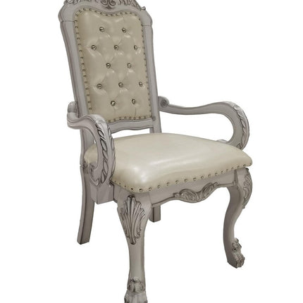 Set of Two Tufted White Upholstered Faux Leather And Wood Dining Arm Chairs