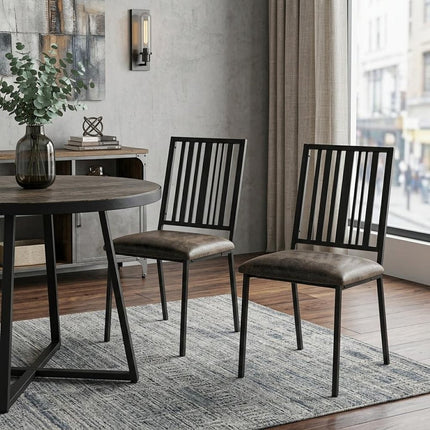 Set of Two Black Faux Leather Slat Back Dining Side Chairs
