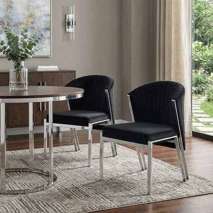 Set of Two Black and Silver Velvet Wing Back Dining Side Chairs