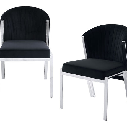 Set of Two Black and Silver Velvet Wing Back Dining Side Chairs