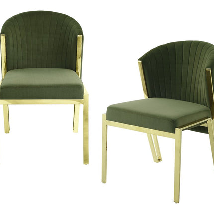 Set of Two Green and Gold Upholstered Velvet And Steel Wing Back Dining Side Chairs
