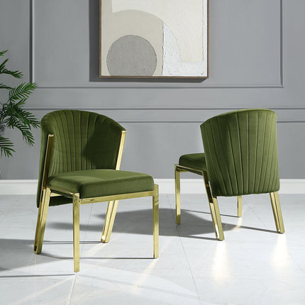 Set of Two Green and Gold Upholstered Velvet And Steel Wing Back Dining Side Chairs