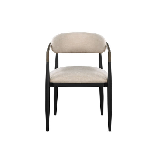 Set of Two Beige And Black Upholstered Fabric Open Back Dining Arm Chairs