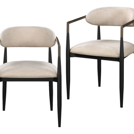 Set of Two Beige And Black Upholstered Fabric Open Back Dining Arm Chairs