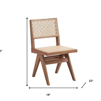Set of Two Natural Solid Wood and Rattan Open Back Dining Side Chairs
