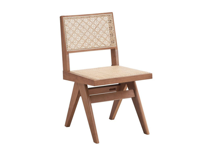 Set of Two Natural Solid Wood and Rattan Open Back Dining Side Chairs