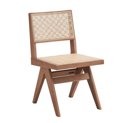Set of Two Natural Solid Wood and Rattan Open Back Dining Side Chairs