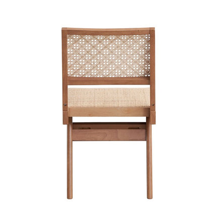 Set of Two Natural Solid Wood and Rattan Open Back Dining Side Chairs