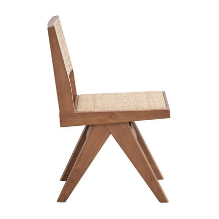Set of Two Natural Solid Wood and Rattan Open Back Dining Side Chairs