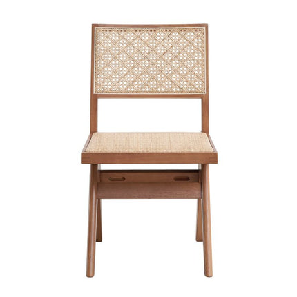 Set of Two Natural Solid Wood and Rattan Open Back Dining Side Chairs