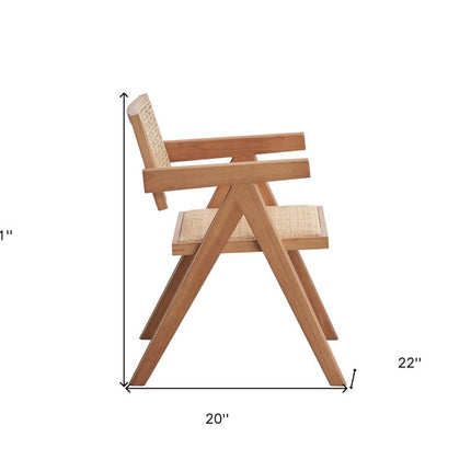 Set of Two Natural Solid Wood and Rattan Open Back Dining Arm Chairs