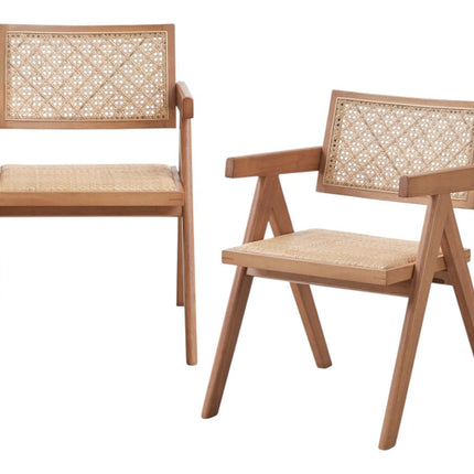 Set of Two Natural Solid Wood and Rattan Open Back Dining Arm Chairs