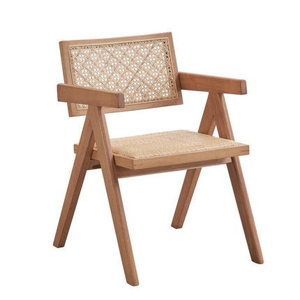 Set of Two Natural Solid Wood and Rattan Open Back Dining Arm Chairs