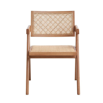 Set of Two Natural Solid Wood and Rattan Open Back Dining Arm Chairs