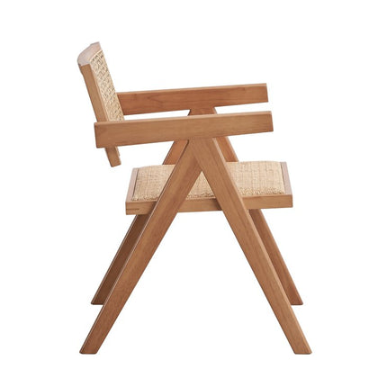 Set of Two Natural Solid Wood and Rattan Open Back Dining Arm Chairs