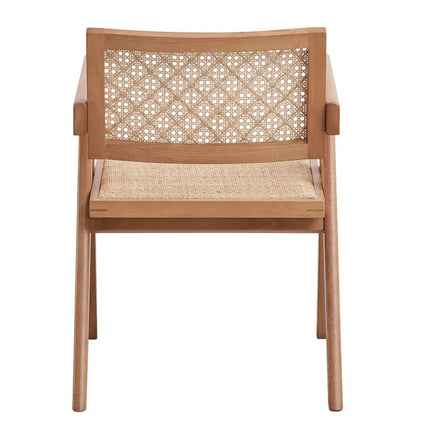 Set of Two Natural Solid Wood and Rattan Open Back Dining Arm Chairs
