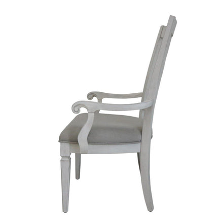 Set of Two Light Gray and White Upholstered Linen And Solid Wood Open Back Dining Arm Chairs