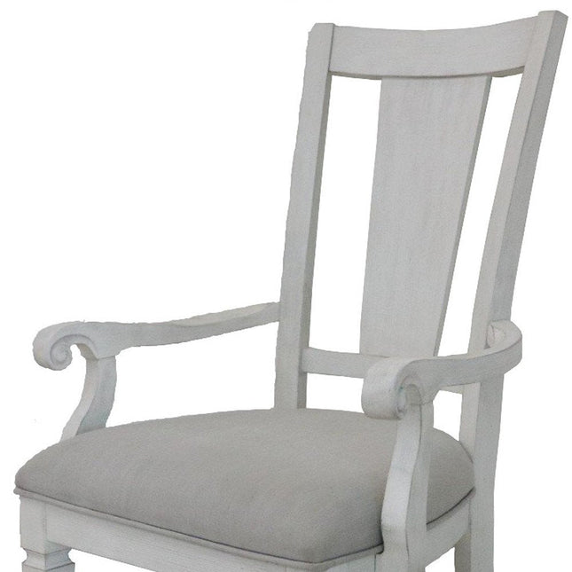 Set of Two Light Gray and White Upholstered Linen And Solid Wood Open Back Dining Arm Chairs HomeRoots